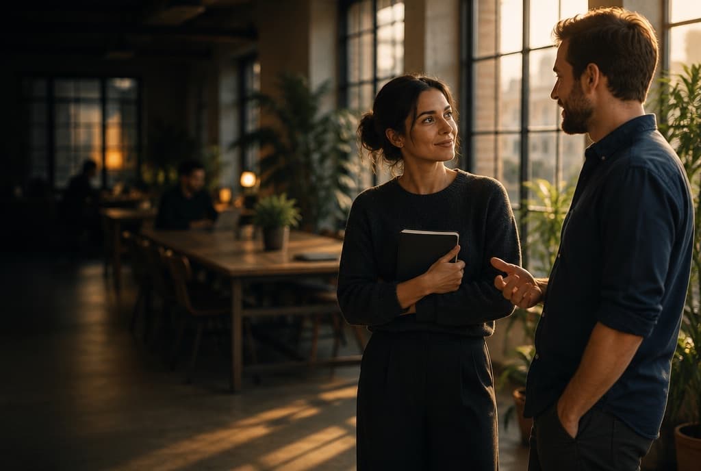 Two colleagues talking in a sunlit workplace